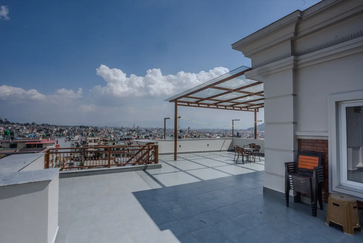 Open rooftop terrace looking over Kathmandu